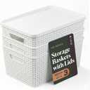 BINO | Plastic Storage Baskets with Lids, 15.5 Liter - 3 Pack, White | THE WOVEN COLLECTION | Storage Basket for Shelves Woven Storage Baskets for Organizing Bins Pantry Shelf Organizer Container Bin