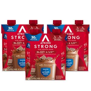 Atkins Strong High Protein Shake, Milk Chocolate, 30g Protein, 7g Prebiotic Fiber, 1g Sugar, GLP-1 Support, Muscle & Gut Health Support Complex, 12 Count (EXP 10/01/26)