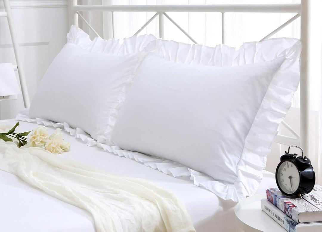 Precious Star Linen White Edge Ruffle Standard Size Pillow Shams Long-Staple Egyptian Cotton Hotel Class Bedding Set of 2 Decorative Pillow Cover 20x26 Inch, Envelope Closure Soft & Cozy