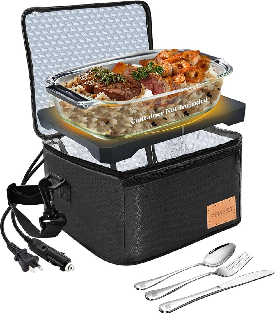 FORABEST Heated Lunch Box  80W Electric Lunch Box for Adults, 12V/24V Car & Truck + 110V/220V for Office & Travel  Cooks or Warms Meals, Full Utensils & Premium Carry Bag (Black)