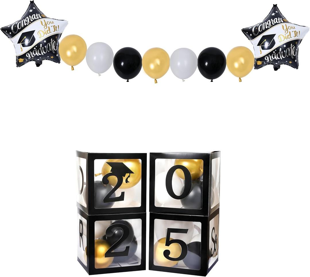 Graduation Decorations Class of 2025 Black Balloon Boxes With Letters Of Grad 2025 And So Proud Of You, Graduation Table Centerpices For Party, 2025 Decoration 30PCS (4 Boxes + 26 Balloons)