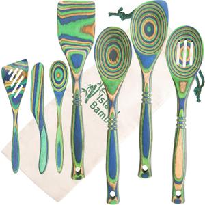 Exotic Pakkawood 7-Piece Kitchen Utensil Set, Spoon, Slotted Spoon, Spatula, Corner Spoon, Small Spoon, Small Spatula, Spreader - Heat Resistant & Non-Stick Utensils