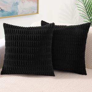 decorUhome Black Decorative Throw Pillow Covers 18x18 Set of 2, Soft Corduroy Striped Square Pillow Covers for Couch Living Room Bed Sofa