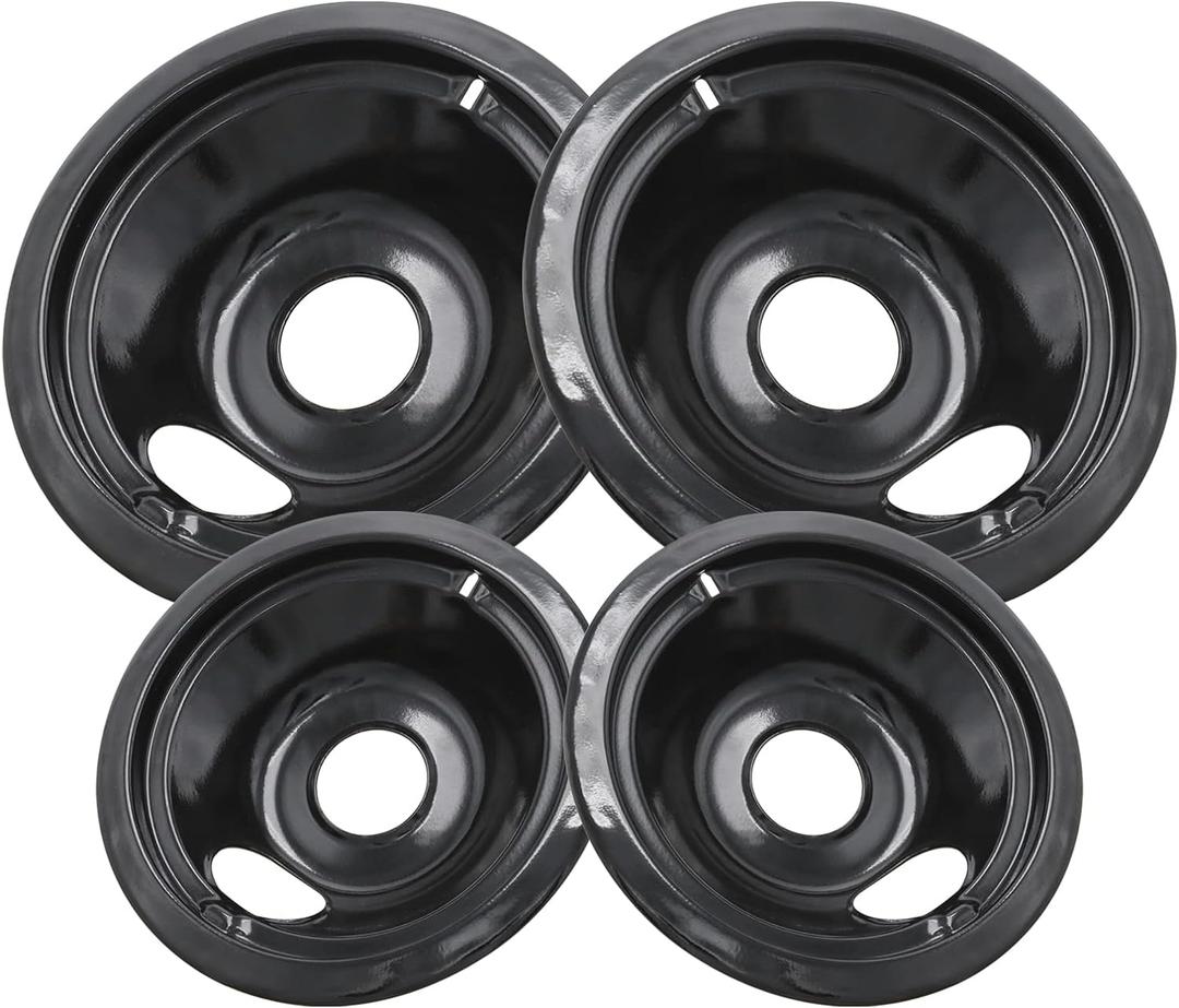 GE Black Stove Drip Pans, 10% Energy Save by Enamel Spraying Prevent Bending and Rust - Include 2 6'' Burner Drip Pans and 2 8'' Drip Bowl