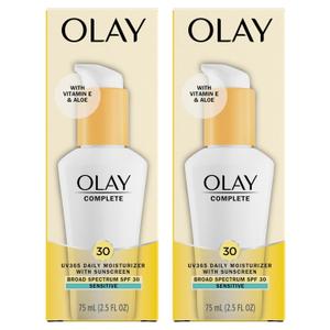 Olay Face Moisturizer, Complete with Sunscreen SPF 30, Fragrance-Free for Sensistive Skin, Broad Spectrum Sun Protection, Long-Lasting Hydration, Non-Comedogenic - Vitamin E & Aloe - 2.5 Oz - 2 Pack, Best By: 08/2027 