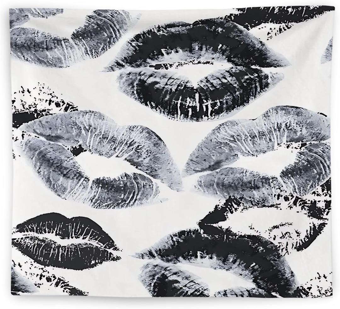WNAGT Trendy Black and White Kiss Lips Tapestry Wall Hanging, Funky Makeup Wall Decor, Fashion Aesthetic Wall Blanket Decor for Girls Room College Dorm Makeup Room Beauty Room, 50x60 Inch