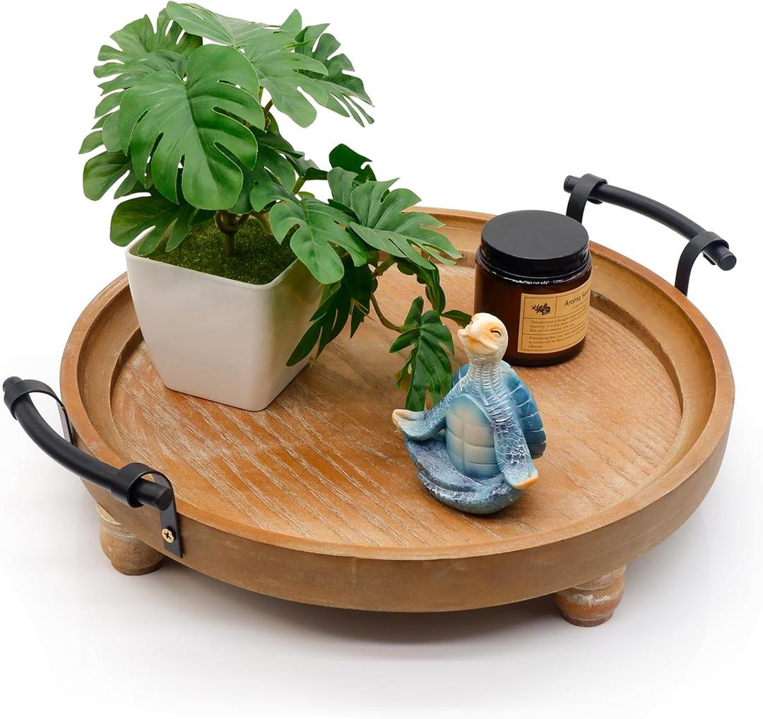 Wooden Decorative Tray for Coffee Table, Round Wood Serving Tray with Metal Handles, 13 Inch Rustic Wood Trays for Tale Centerpiece, Home Kitchen Farmhouse Decor