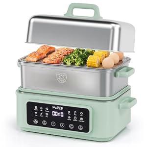 PULZO 18QT Electric Food Steamer, Vegetables Steamer with 2-Tier Stainless Steel Trays, 12 Presets, Adjustable Timer, Multi-Function Steam Cooker for Veggies, Seafood & Rice, BPA-Free
