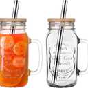 24 OZ Mason Jar Drinking Glasses with Bamboo Lids and Stainless Steel Straws for Party Beverages,Iced Coffee 2Pack