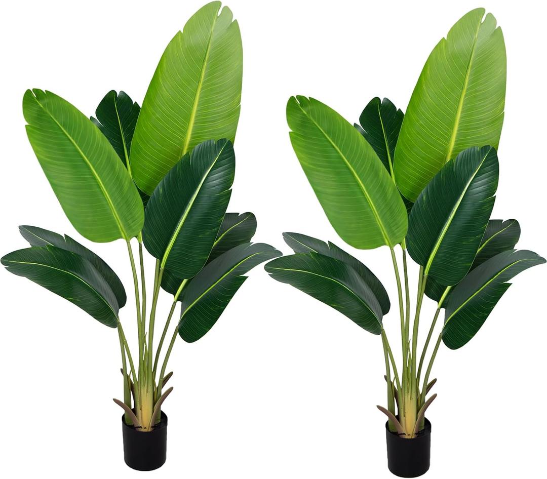 Artificial Bird of Paradise Plant 4Ft Fake Tropical Palm Tree with 8Trunks Faux Banana Leaf Trees in Pot for Home Indoor Outdoor Office Modern Decor Housewarming Gift2Pcs (2pack)