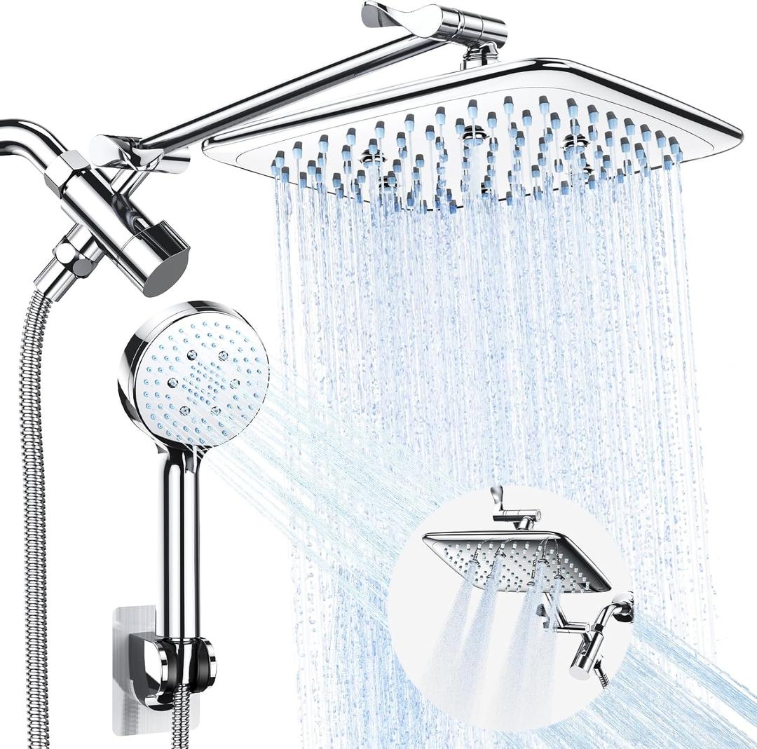 Veken High Pressure Rain Shower Head Combo with Extension Arm  Easy to Install, Adjustable Dual Showerhead with 3 Spray Modes & Anti-Clog Nozzles  Chrome