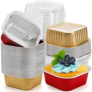 ZEAYEA Pack of 60 10 oz Aluminum Foil Baking Cups with Lids, Disposable Foil Ramekins Cupcake Containers, Cupcake Muffin Liners Cups for Wedding Christmas Birthday Party