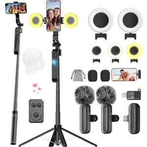 Phone Tripod with Light, 2 Pack Lavalier Mic, 71" Extendable Auto Face Tracking 360 Rotation, 1/4" Camera Mount & Remote, No App Needed, Vlogging Kit for iPhone Android YouTube TikTok Live Streaming