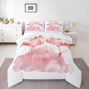 jejeloiu Flamingo Bedding Set Full Size Kids Tropical Flamingo Watercolor Comforter for Boys Girls Bird Comforter Set Pink Duvet Set Room Decorations Quilt Set (Pink and White)