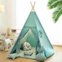Teepee Tent for Kids with Mat, Star Lights, Carry Case, Cotton Canvas Playhouse, Foldable Tents, Portable Children Play Tent Indoor Outdoor (Jewelry Blue)