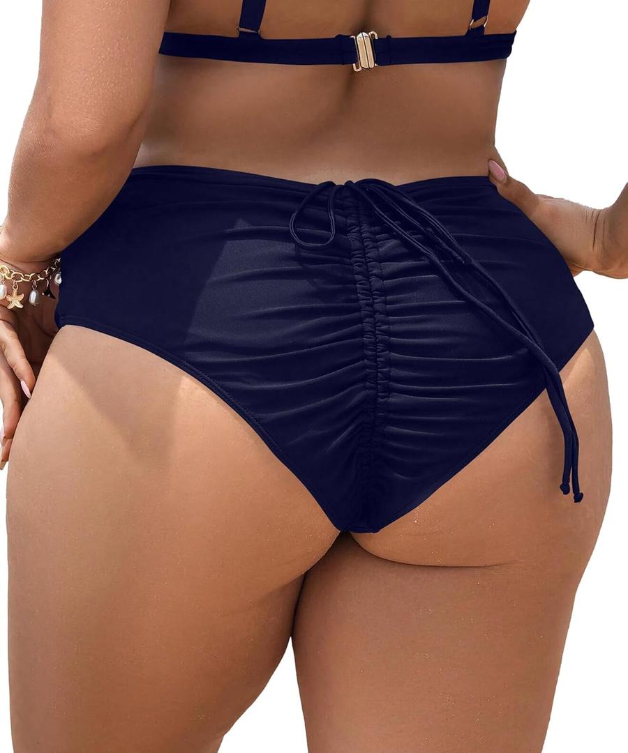 Leoparts Plus Size Women's Bikini Bottom High Waisted Drawstring Swimsuit Bottoms Ruched Full Coverage Bathing Suit Briefs (L)