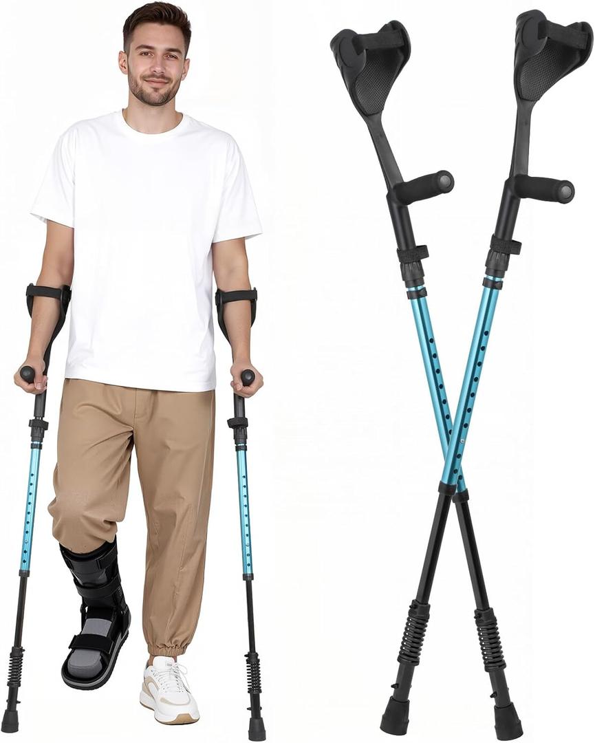 Ergonomic Forearm Crutches Spring Assist Crutches for Adults,Comfortable and Height Adjustable Arm Crutches Forearm with Anti-Slip Base,Walking Crutches with Cuffs (Blue)