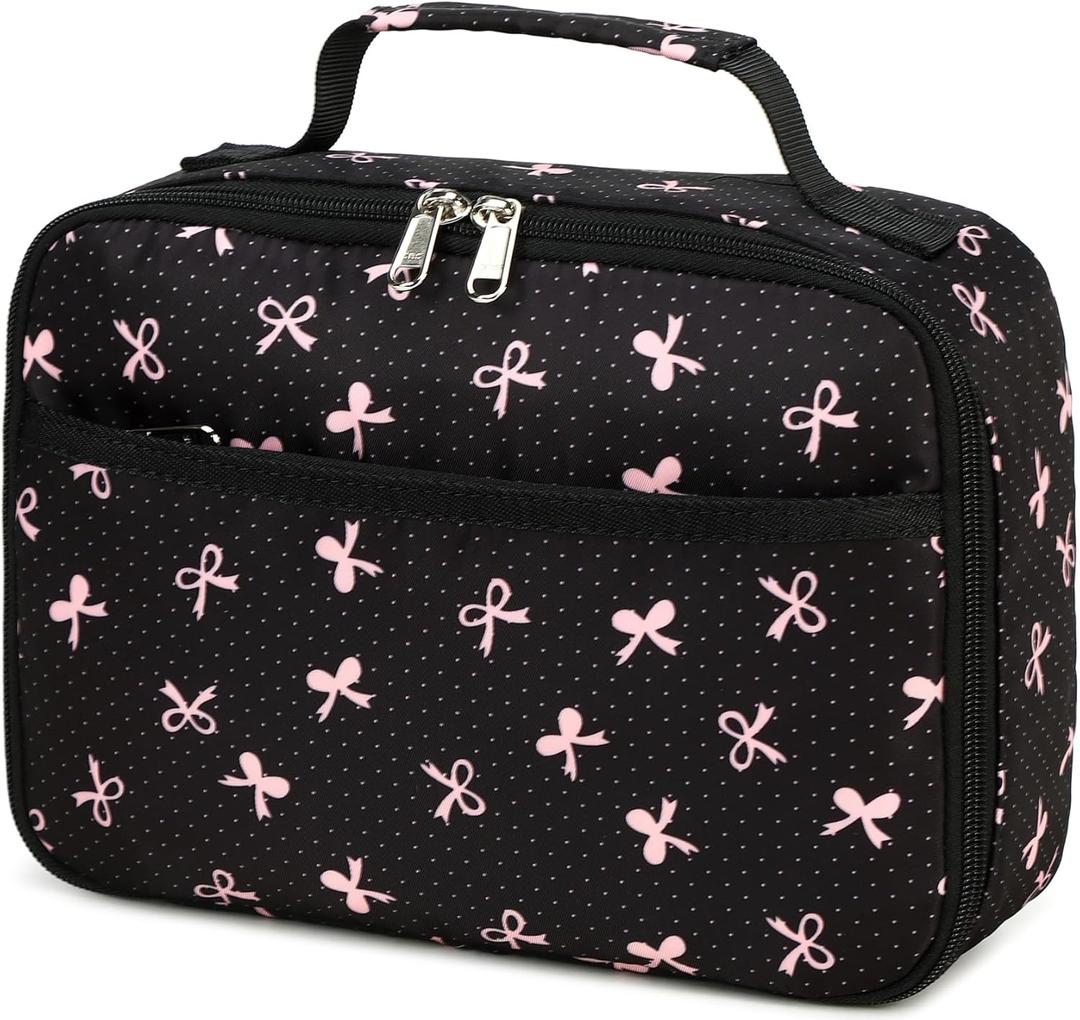 LEDAOU Lunch Box Kids Insulated Lunch Bag Girls Toddler Reusable Lunchbox for School Picnic Hiking (Black-Pink Bow)