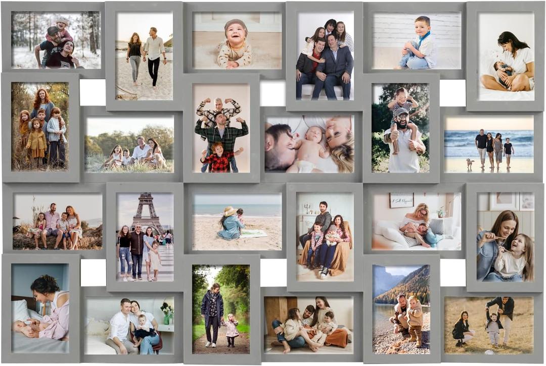 J.M.Deco Collage Picture Frames for Wall 24 Slots, Reunion Friends Family Memory Large Photo Frame Selfie Gallery Puzzle Collage Wall Hanging for 4x6 Photo | Gray (24 Openings, Grey)