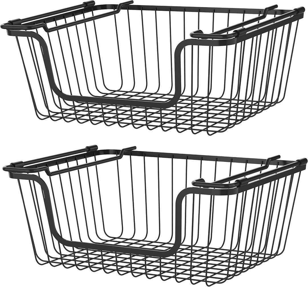 SANNO Black Stackable Wire Baskets Stacking Bins Stackable Basket for Vegetable Storage Pantry, Fridge, and Bathroom Organization, Pack of 2 