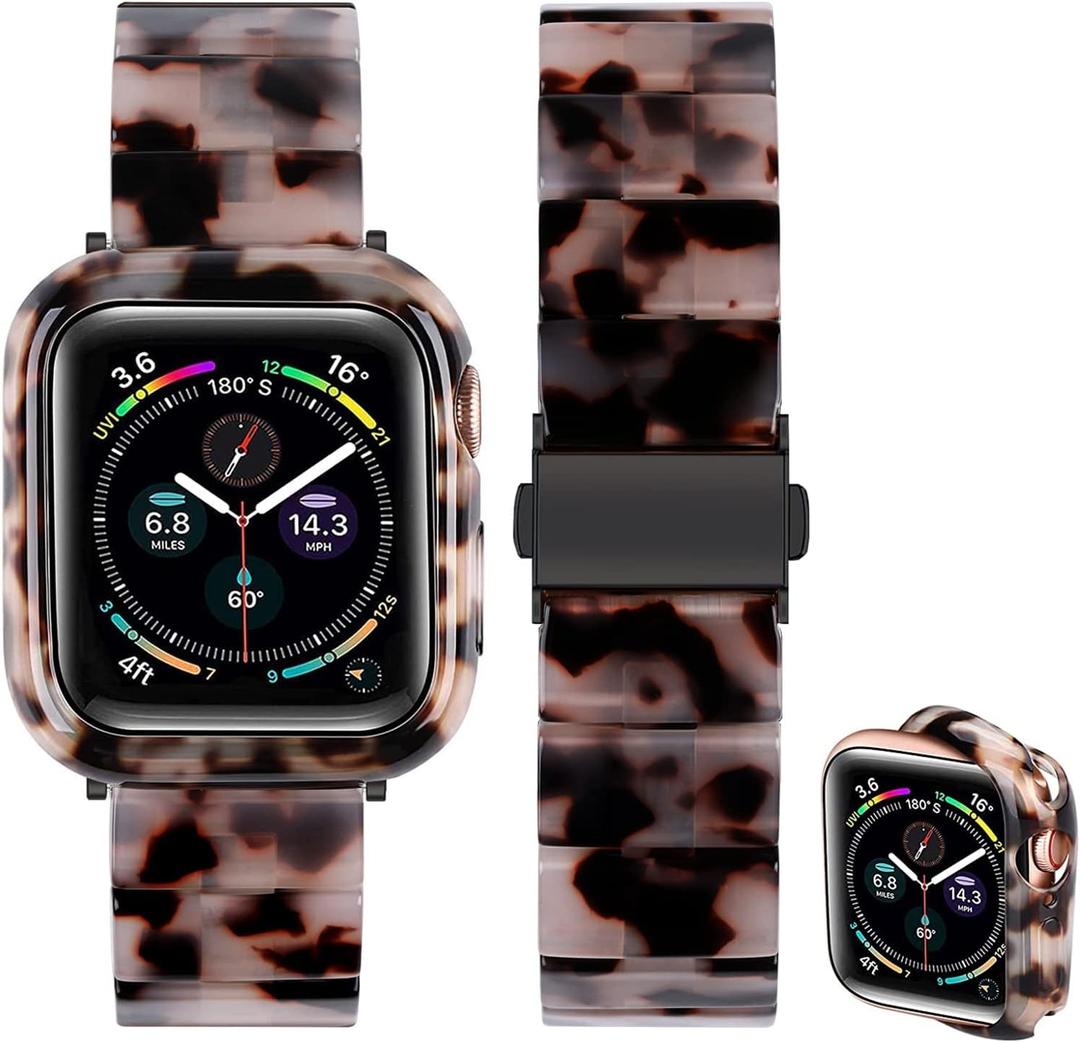 Band with Case Compatible with Apple Watch 46mm 45mm 44mm 42mm 41mm 40mm 38mm,Women Men Fashion Resin Strap Bumper for iWatch Series 11/10/9/8/7/SE/6/5/4/3/2/1 (Black Ivory Tortoise1)