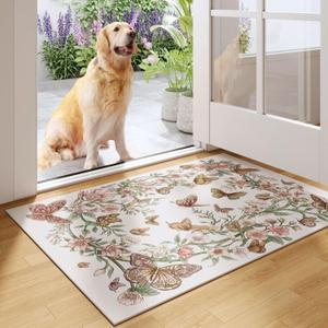 Rugcomf Door Mat Indoor Entrance 2x3 Rug Machine Washable Boho Floral Butterfly Small Area Rug Non-Slip Low Pile Throw Rugs for Entryway Kitchen Front Door Indoor Entrance Entry Kids Room, Beige