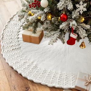 Dremisland White Knitted Christmas Tree Skirt 48 Inches Cable Knit Vintage Christmas Tree Skirt Chunky Thick Knitted Xmas Tree Mat Farmhouse Holiday Decor New Year Home Party Christmas Decorations