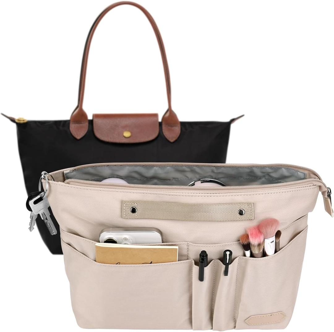 Purse Organizer Insert for Longchamp Le Pliage Large, Tote Bag Dividers for Inside Purse with Zipper and 15 Pockets, Purse Liners for Women Handbag, and More (Beige, L)