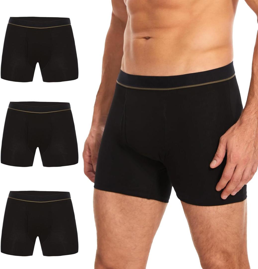 Men's Washable Incontinence Boxer Briefs, Cotton Urinary Incontinence Underwear with Fly, Reusable leakproof underwear for Men, Front & Rear Protection 150 ml Absorbency (3 Pack, XL, Black)
