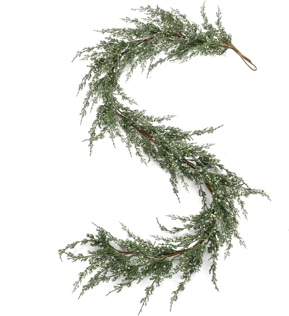 Dingion Christmas Real to Touch Juniper Garland Artificial Mantel Garland Realistic Juniper Berry Christmas Decorations for Fireplace Table Centerpiece Decor(6 ft)