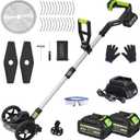 Electric Weed Wacker Cordless with Wheel, Brushless Grass Trimmer with 2 21V 4.0Ah Battery and Fast Charger, 3 Types of Blades String Trimmer, Weed Eater Battery Powered, Grass Cutter Machine