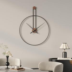 Cuspin 16 inch Wall Clock, Silent Non-Ticking Battery Operated Modern Clocks for Living Room, Black Metal Frame with Wood Accent, Minimalist No Numbers Wall Decor for Bedroom Dining Room Office