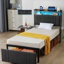 Z-hom Twin Size Bed Frame with Storage Drawer, Upholstered Platform Bed Frame Headboard with 2-Tier Storage Shelves, USB Charging Station and LED Lights, No Box Spring Needed, Noise-Free, Grey, Missing parts/accessories