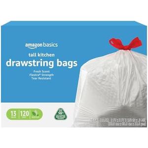 Amazon Basics 13 Gallon Tall Kitchen Drawstring Trash Bags, Flextra Strength, Clean Fresh Scent, Tear Resistant, 0.9 mil Thickness, 10% Post Consumer Recycled, 120 Count