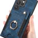 AJMIPO-Card Holder Case for Samsung Galaxy S24 Ultra/S24 Plus/S24 Matte Leather Phone Cover with Ring Support Vehicle Magnetic Suction(S24 Ultra,Purple) (S24 Ultra,Blue)