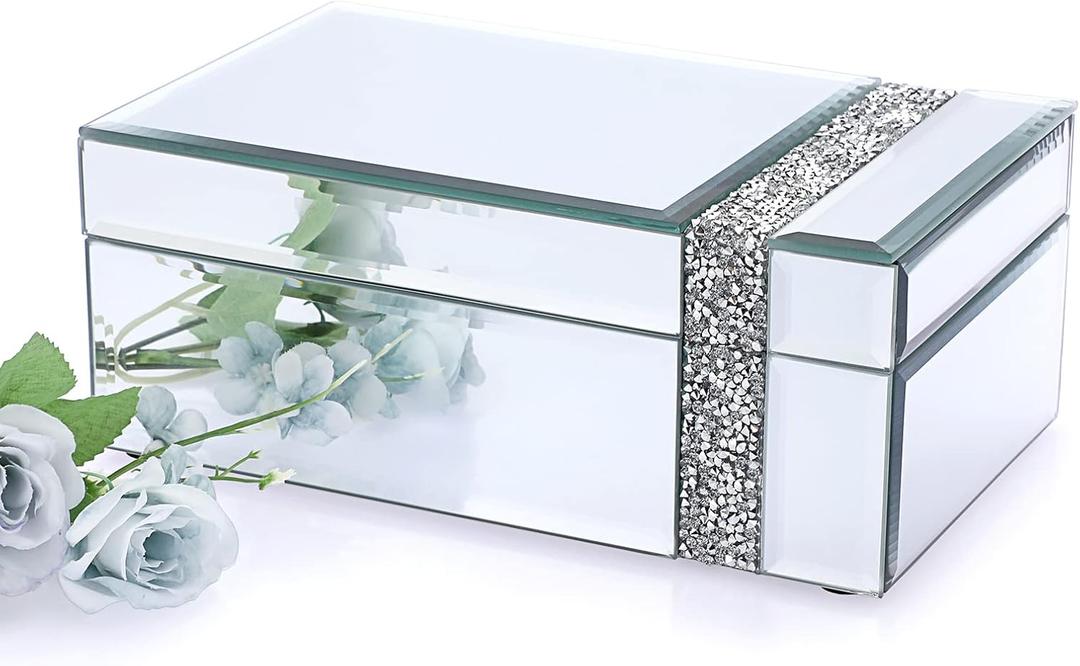 ELLDOO Glass Mirrored Jewelry Box with Crushed Diamonds Strip Decor, Luxury Trinket Box Organizer Decorative box Treasure Chest Keepsake Box for Women Girls Gift