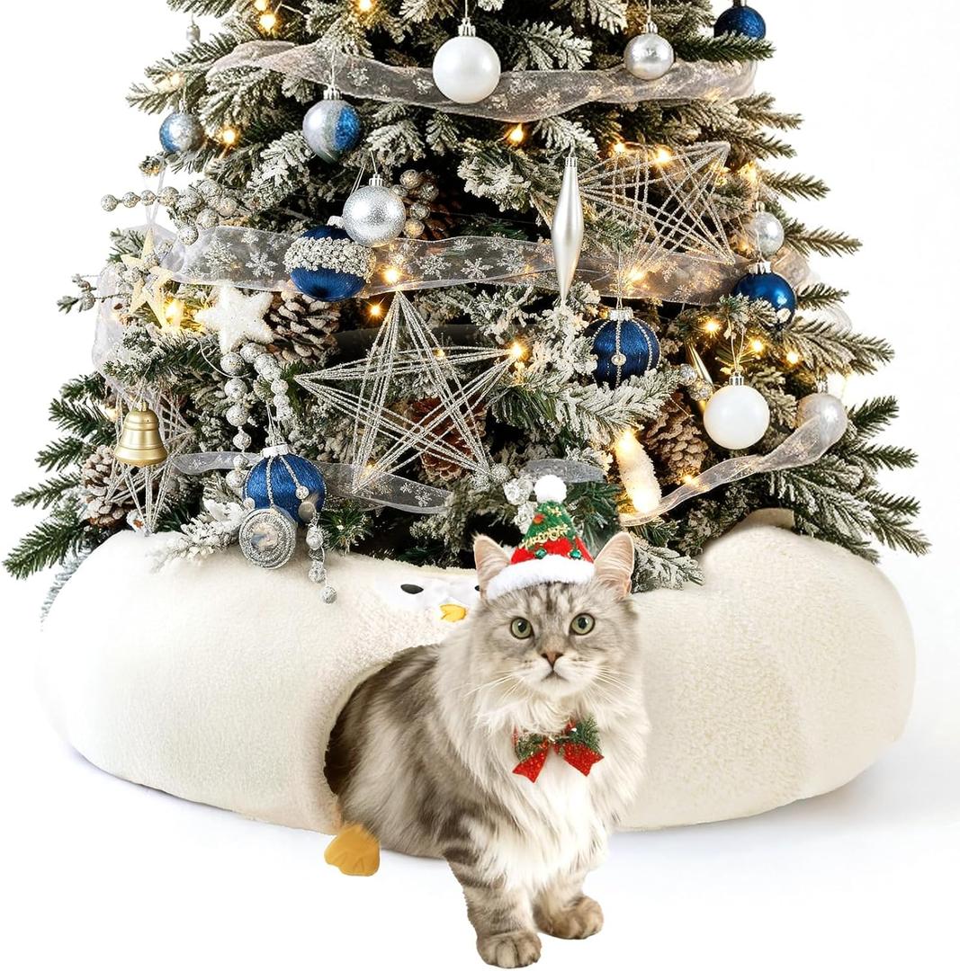 EHEYCIGA Cat Tunnel Bed for Indoor Cats, Cute Cat Donut Toy Tunnel for Small Large Cats with Washable Circle Cushion, Peekaboo Pet Cave Play Tunnel for Kitten, Puppy, Rabbit (Beige)