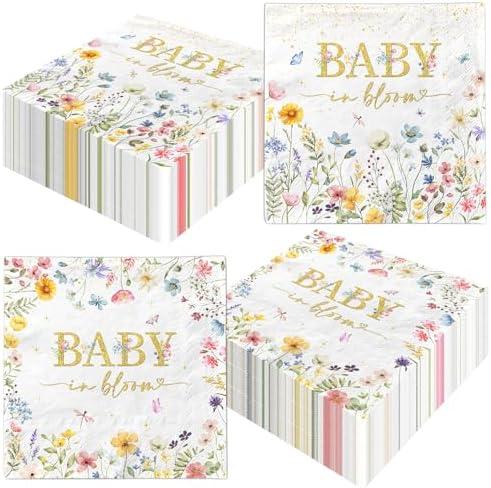 CMUSKO Baby in Bloom Themed 24pcs Floral Napkins - Girls Baby Shower Party - White with Pink Floral Prints - Paper - 13x13 inches