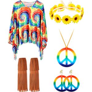 Unittype 5 Pcs Hippie Costume Accessories Set 60s 70s Outfits for Women Tie Dye Poncho Costume for Halloween Cosplay Party (Large)