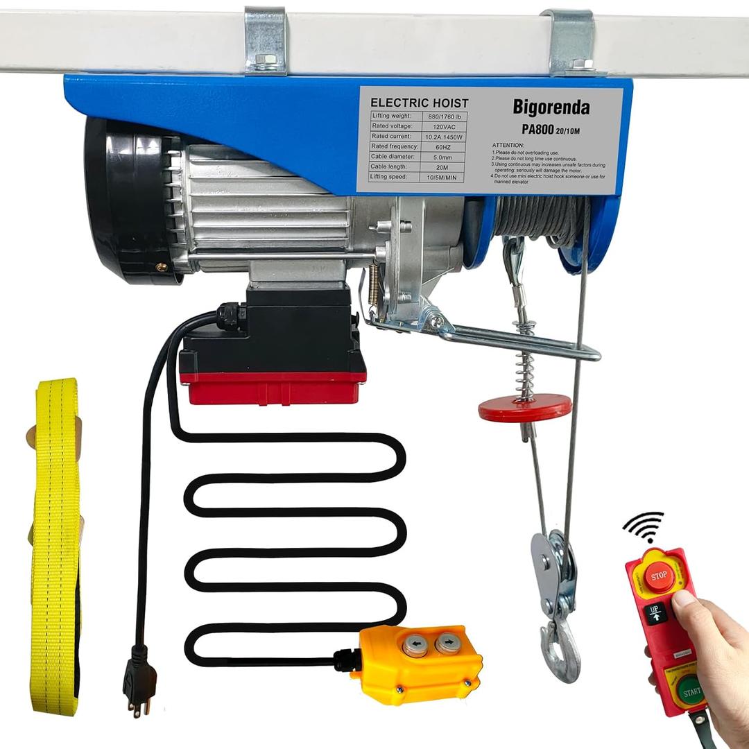 1760lb Electric Hoist with Remote Control/Wired Control, Electric Hoist 2 in 1, 110v Electric Hoist with Single/Double Slings,65.6/33ft Lifting Height, for Factory Attic Garage Warehouse