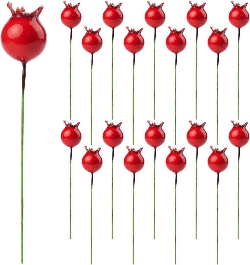 RAYNAG 100 Pieces Mini Artificial Pomegranate Fake Fruit Berry Stamen Christmas Party Decor DIY Craft,Red