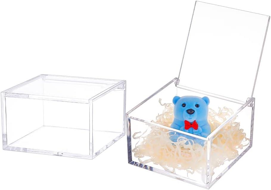 BENECREAT 2Pcs Acrylic Box with Lid, 4x4x2.3inch Clear Cube Display Case Storage Boxes Organizer Containers for Wedding Birthday Gift Packing Jewelry Office Supplies Storage
