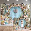 Easter Backdrop Spring Floral Photography Background, Pastel Eggs & Bunny Decor with Blue Door, Photo Booth Backdrop for Easter Party, Spring Photoshoot, Family Celebration & Home Decoration (7X5)
