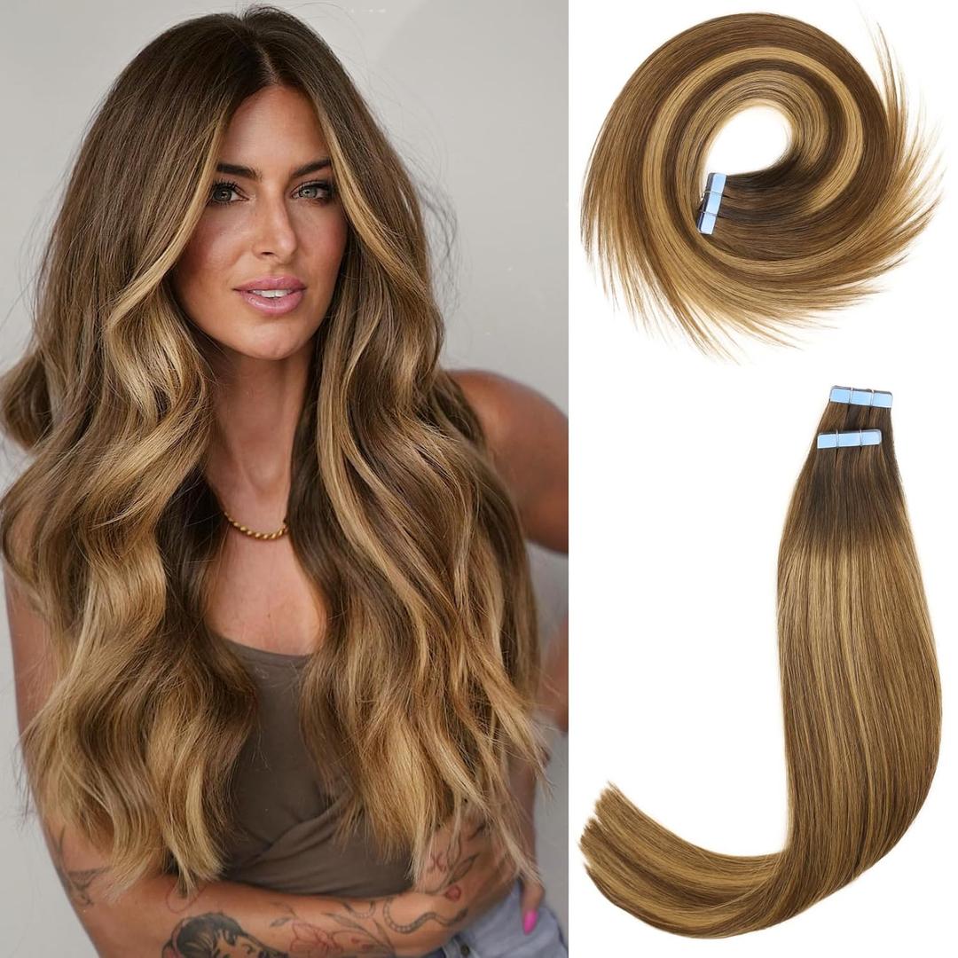 LADY MIRANDA Tape in Hair Extensions Human Hair 100% Remy Hair Extensions 20 Inch 20 Pcs 50g/pack Tape in Extensions Seamless Invisible Long Lasting Tape ins Hair Extension (T4/27, 20 Inch)