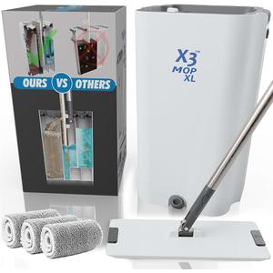X3 Mop XL, Separates Dirty and Clean Water, 3-Chamber Design, Flat Mop and Bucket Set, Hands Free Home Floor Cleaning, 3 Reusable Microfiber Mop Pads Included (XL X3 Mop)