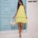 Halter Dress for Women Chiffon Drop Waist Wedding Guest Dresses Flowy Ruffle Mini Dress Brunch Going Out Dresses Cute Dresss (Yellow, S)