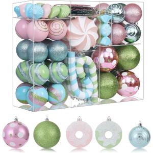 105PCS Pink Blue Green Christmas Ornaments Set, Cute Pastel Assorted Christmas Ball Ornaments, Shatterproof Christmas Decorations Hanging Balls for Christmas Tree Holiday Party Decor (Pink/Blue/Green)