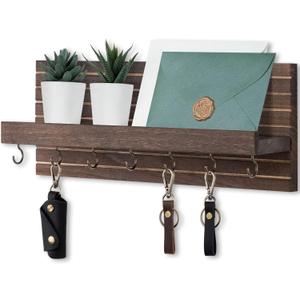 Lwenki Decorative Key Holder for Wall with Shelf, Entryway Shelf with Hooks Holds Leashes, Jackets and Glasses Sturdy Wood Keyholder Entrance Hanger with Mounting Hardware (Brown, Large)