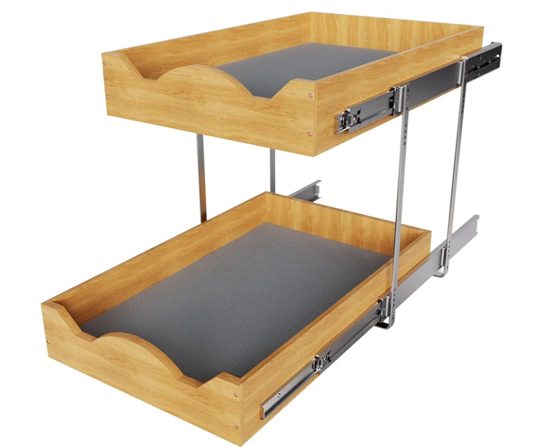 OCG Pull Out Drawers For Cabinets 14"W x 21"D, 2 Tier Heavy-Duty Slide out Wood Drawer Shelf, Pull Out Drawer for Cabinets, Base Cabinet Organization ​for Kitchen, Pantry, Bathroom