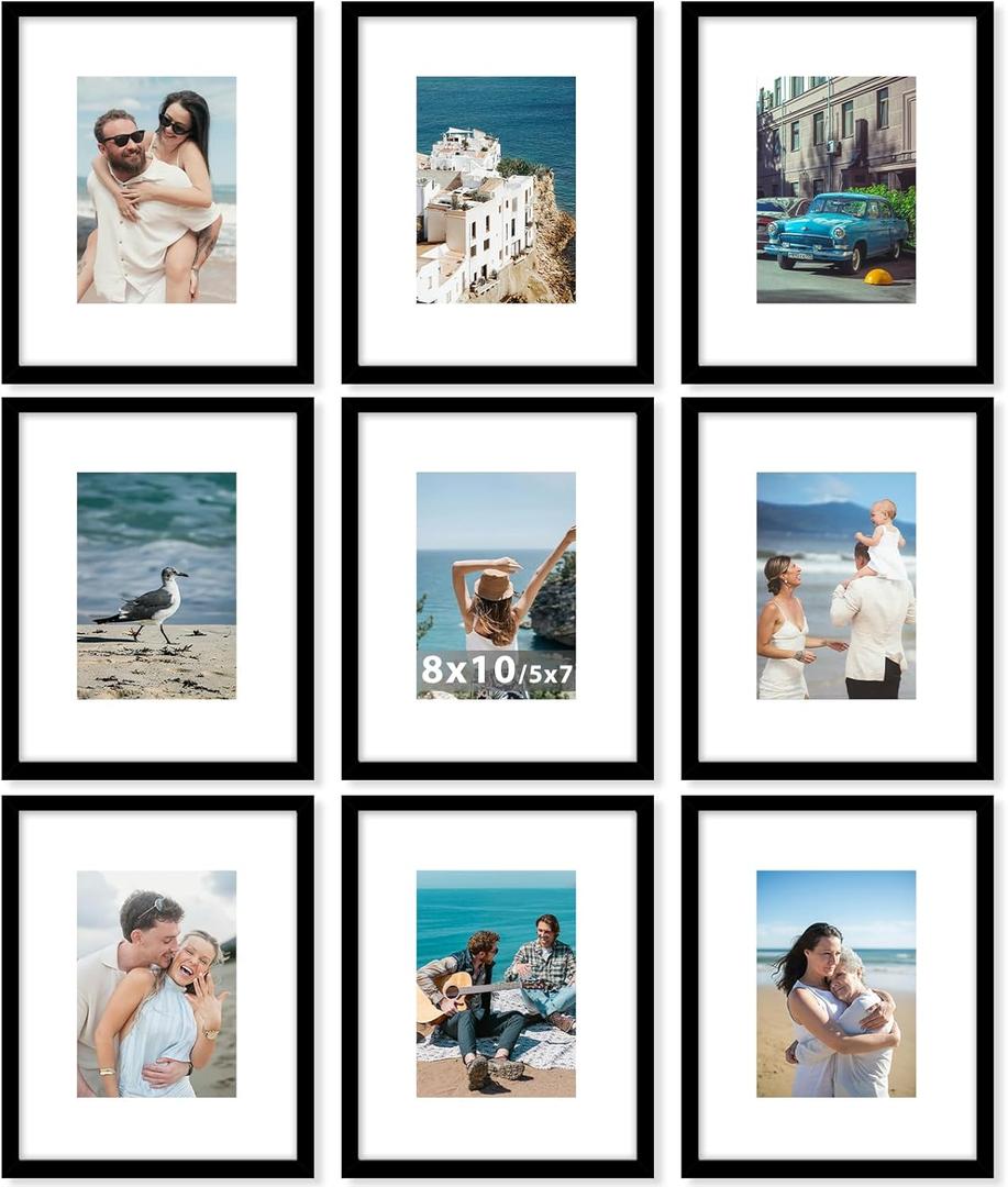 9 Packs 8x10 Picture Frames, Display 5x7 with Mat or 8x10 Without Mat, Gallery Wall Frame Set, 8 by 10 Frames Bulk Set of 9 Collage Wall Decor Photo Frames Set for Wall and Tabletop, Black